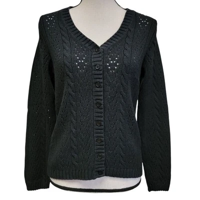 VTG 2000s White Stag Black Cardigan Sweater Womens Sz S Pointelle Cable Knit Top - Image 1 of 4