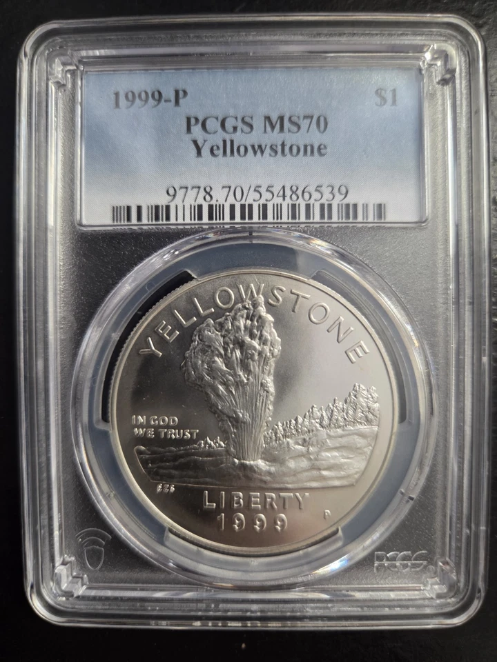 Dólar de plata conmemorativo Yellowstone 1999-P graduación profesional MS70 ETIQUETA AZUL  Foto 1 de 4