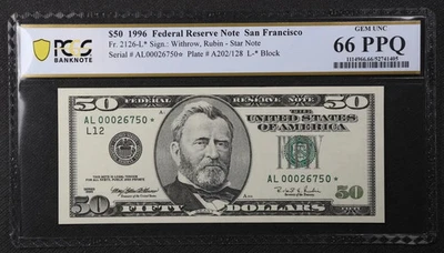 PCGS Gem UNC 66 PPQ 1996 $50 San Francisco Star Note Federal Reserve Note - Image 1 of 2