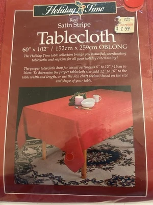 Vintage Holiday Time Red Tablecloth Oblong 60"x 102" Christmas Satin Stripe NEW - Image 1 of 4