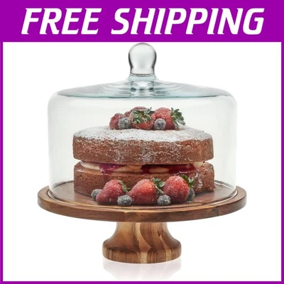 Soporte para pasteles de madera de acacia con cúpula de vidrio Foto 1 de 4
