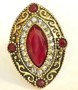 Silver Gold Art Deco Ruby Cocktail Ring Size 7 Statement Simulated Plated