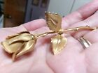 Vintage LONG STEM LOVE ROSE TEXTURED GOLD TONE BROOCH Signed GIOVANNI PIN