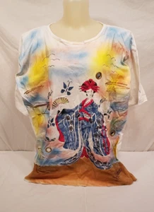 Vintage Ladies Hand Painted Midnight Blues T-Shirt, Painted Geisha, Large Size - Picture 1 of 21