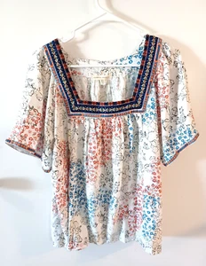 Farmers Market Floral Peasant Shirt Size XL Embroidered Short Sleeve Square Neck - Picture 1 of 6