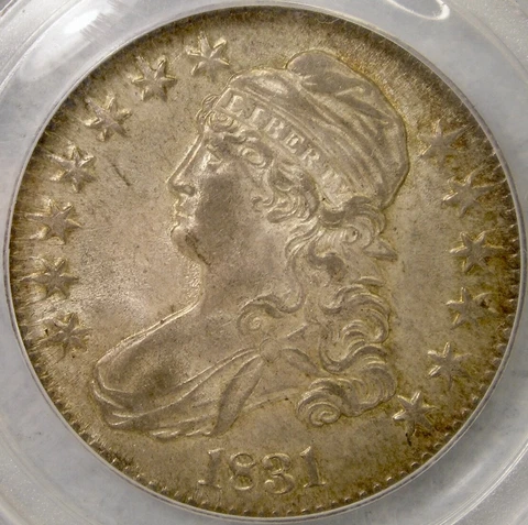 1831 CAPPED BUST LETTER EDGE SILVER HALF DOLLAR SPECTACULAR TONED GEM PCGS MS 62 Cover