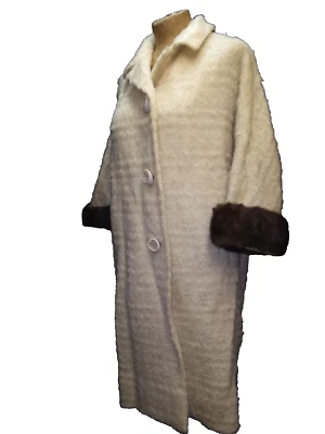Vintage 1960's White Mohair Wool Brown Mink Mod Coat by Brock's Size Medium - Image 1 of 4