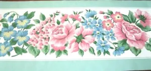 Waverly Wallpaper Border Blue Flowers Pink Roses Mint Green Trim 563344 Cottage - Picture 1 of 1