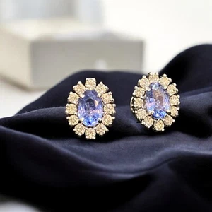 1.85 Cts Round Brilliant Cut Diamonds Blue Sapphire Stud Earrings 14K White Gold - Picture 1 of 14