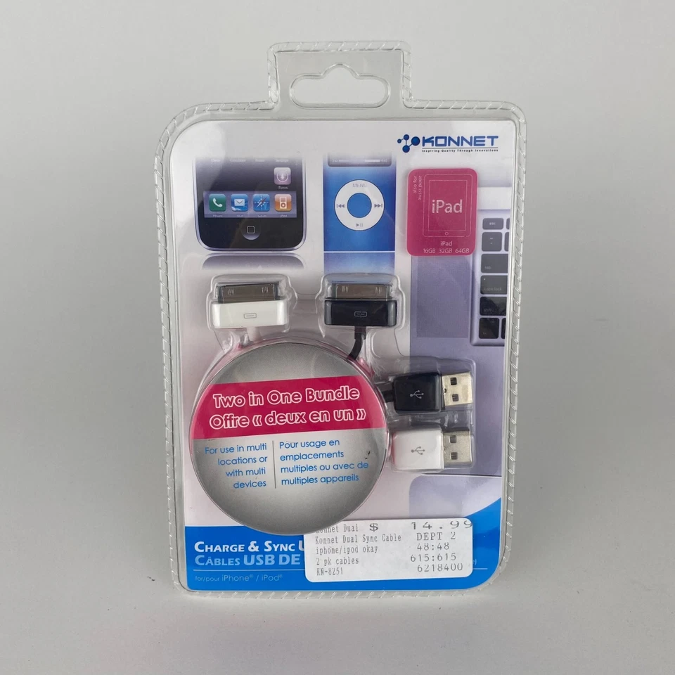 New Konnet Charge & Sync USB Cables iPods iPhones See Desc for Compatible Models - Image 1 of 2