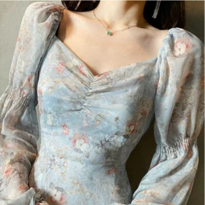 Retro Floral Chiffon Long Dress Square Neck Long Sleeve Ruffle Boho Elegant Blue - Picture 1 of 12