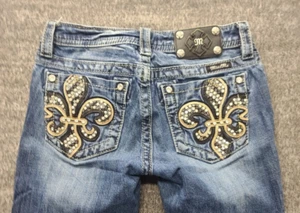 Miss Me Jeans Girls 14 Skinny Fit Straight Leg Low Rise Fleur De Lis Bedazzled - Picture 1 of 14