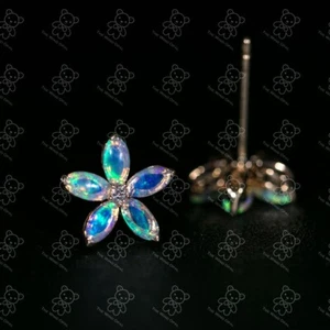 Australian Opal Diamond Sakura Cherry Blossom Flower Stud Earrings 14K Gold - Picture 1 of 6