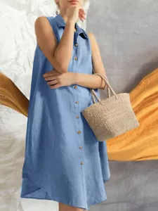 Women Summer Cotton Dress Sleeveless Casual Loose Swing Button Down Midi Dress - Picture 1 of 8