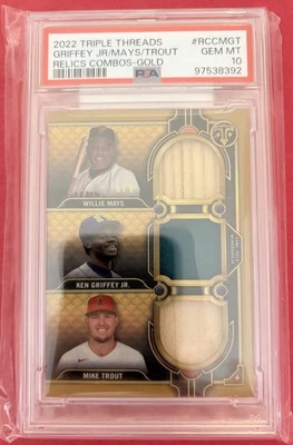 2022 Triple Threads Mays Griffey Trout Jersey Bat Relic Gold #6/9 PSA 10 Pop 1 - Image 1 of 2