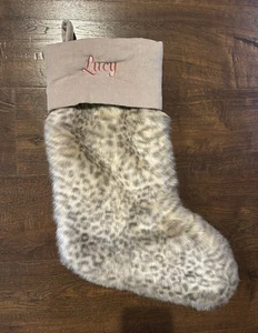 Pottery Barn Cheetah Faux Fur Stocking Velvet Cuff Christmas Personalized LUCY - Picture 1 of 9