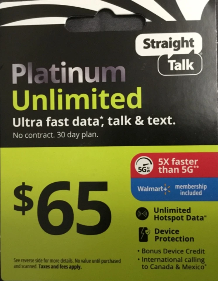 Straight Talk Platinum Unlimited $65 talk, text, data, 20 GB Mobile, No Contract - Image 1 of 1
