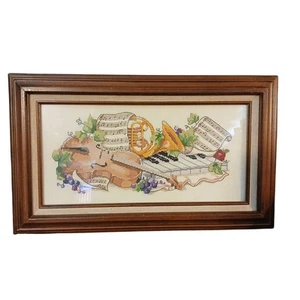 Vtg Serenade Framed Cross Stitch Violin French Horn Music Picture 19.75x12" - Picture 1 of 8