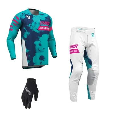 Thor MX Combo Hose Shirt Launchmode Bleach blau weiss Motocross Set Handsch - Bild 1 von 4