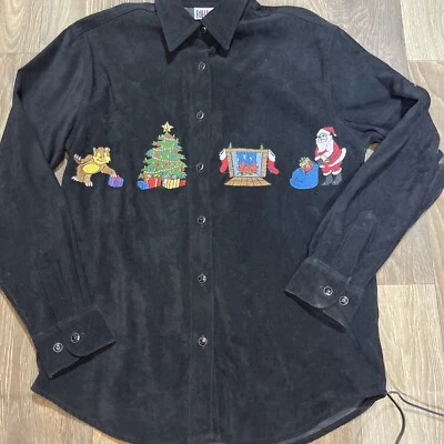 Camisa Bill Blass Fea Navidad Terciopelo Negra Pequeña Abotonada Bordada De Colección Foto 1 de 4