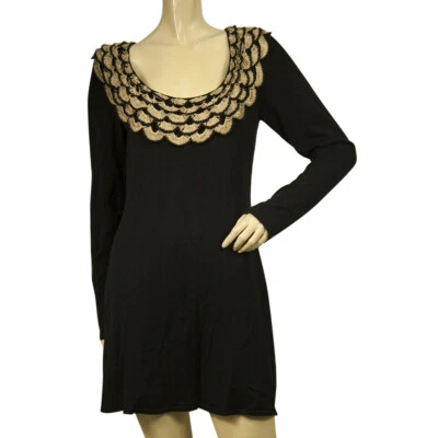 Mini Vestido Temperley Negro Seda Tejido Beige Dorado Crochet Babero Mangas Largas Talla L Foto 1 de 4