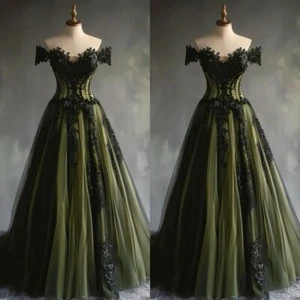 Gothic Wedding Dresses Off Shoulder Black Lace Appliques Retro Bridal Gowns - Picture 1 of 9