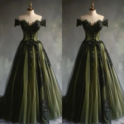 Gothic Wedding Dresses Off Shoulder Black Lace Appliques Retro Bridal Gowns - Image 1 of 4