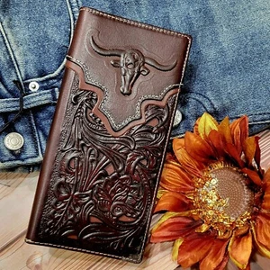 Longhorn Western Wallet Texas Star Handtooled Real Leather Bifold Long Brown - Picture 1 of 9