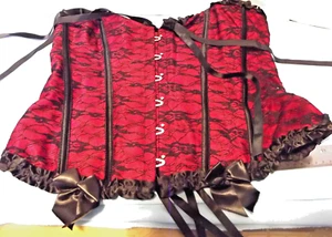 Sexy Corset. Red with Black Lacy Overlay, Metal Grommets & Black Ribbon Laces XL - Picture 1 of 5
