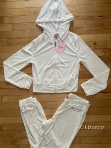 NEU! JUICY COUTURE Handtuch Frottee Trainingsanzug Logo Hoodie & Hose Set Oyster Weiß S - Bild 1 von 7