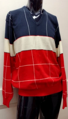 La Mode Sweater 1980s USA Sportswear XL White & Blue Faux Cashmere V Neck - Image 1 of 4