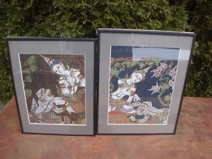 2er Set Vintage gerahmte Thai Gemälde auf Seide - Bild 1 von 7