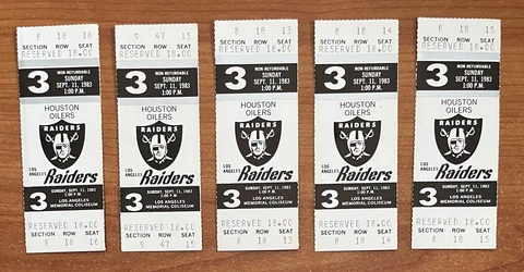 LOT OF 5 - 1983 NFL HOUSTON OILERS @ LOS ANGELES RAIDERS FULL FOOTBALL TICKETS Cover
