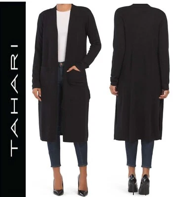 Cárdigan plumero Tahari 100 % 2 capas cachemir frente abierto 48" largo en negro talla XS Foto 1 de 4