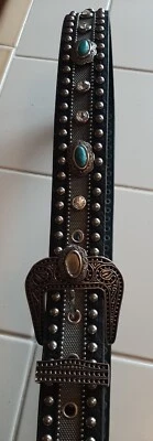 Western Rhinestone Turquoise Concho Leather Belt M 50139 , 1.5" Wide - Image 1 of 4