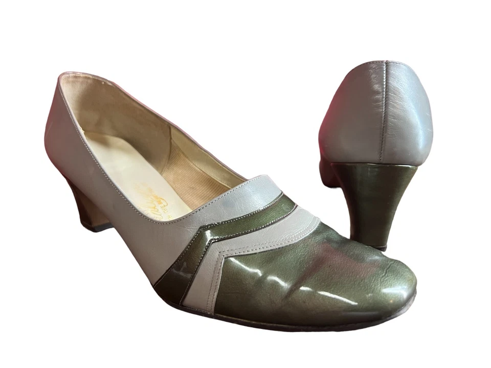 Sz 7 1/2 Vtg 60s Mod Pumps Shoe Green Colorblock Heels Patent Calf Leather 7.5 - Image 1 of 4