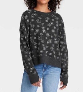 Girls' Oversized Long Sleeve Waffle T-Shirt art class Black Floral S M - Picture 1 of 4