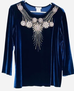 DB Sport Blue Vibrant Velvet Embellished Top Size XL Glam Statement Whimsical - Picture 1 of 5