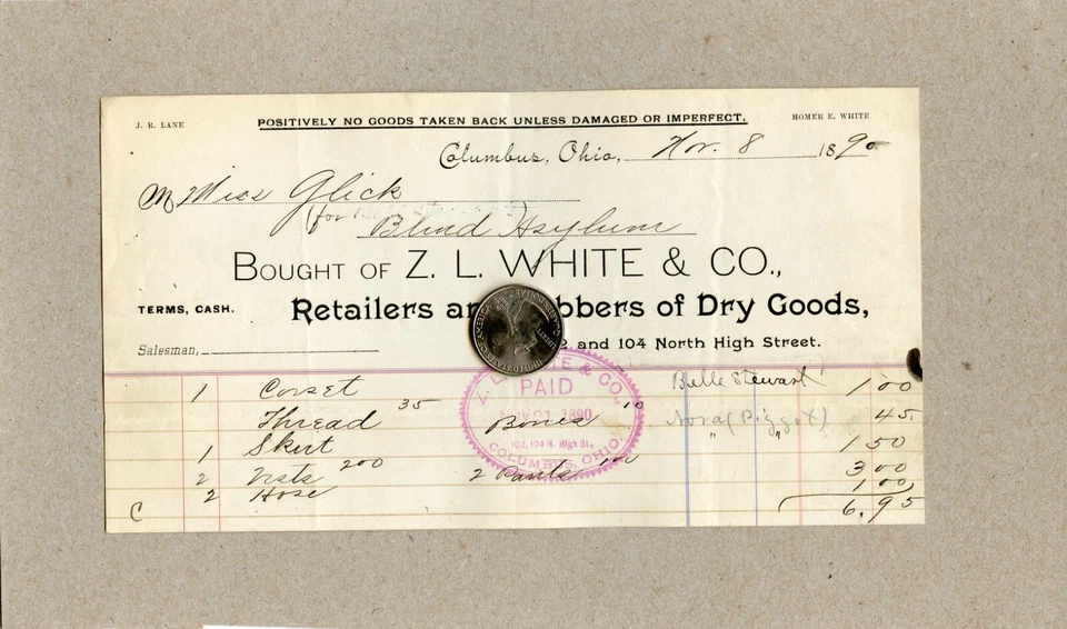 Z. L. WHITE & CO., RETAILERS OF DRY GOODS, COLUMBUS, OHIO -SALE TO BLIND ASYLUM - Image 1 of 2