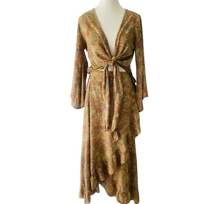 Jojo Noosa Set 2 Maxi Wrap Skirt /Tie Top Sz L/XL  Green Paisley Print Boho - Imagem 1 de 4