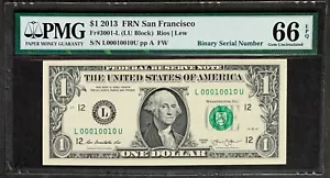 NQC Fr 3001-L 2013 $1 FRN (Binary Serial Number 00 01 00 10)-PMG Gem Unc 66 EPQ - Picture 1 of 2