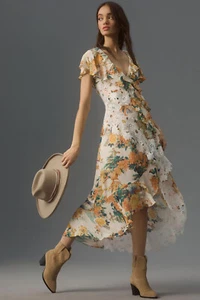 Anthropologie 10P NWT V-Neck Ruffle Lace Slip Dress Floral 10 Petite New 258$ - Picture 1 of 8