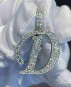 2Ct Round Cut VVSD/1 Diamond Men's Letter D Pendant in 14k White Gold Finish - Picture 1 of 4