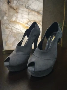 EUC YSL Yves Saint Laurent Gray Suede Peep Toe Platform High Heels EUR 38 US 8 - Picture 1 of 16