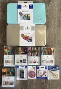DMC Embroidery Skiens Floss. Lot Of 5 Boxes, 2 Tins+ Tool! Brand New! Free Ship! - Picture 1 of 1