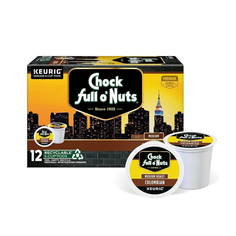 CHOCK FULL O' NUTS 100% Chock Full O' Nuts Colombian Coffee 12 to 144 K cup pods Pick Any Size FREE SHIP