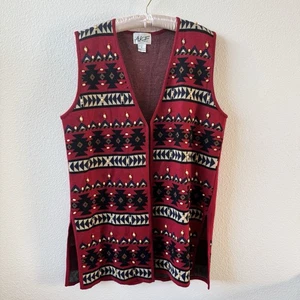 Vintage A.K.F. Wool Blend Red Black Native Aztec Geometric Beaded Vest Size Med - Picture 1 of 8