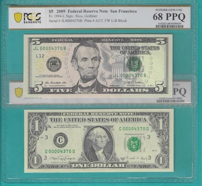 $1 and $5 2X Matching LOW Serial Number 4 Digit 00004370 PCGS Graded 68/64PPQ - Image 1 of 2