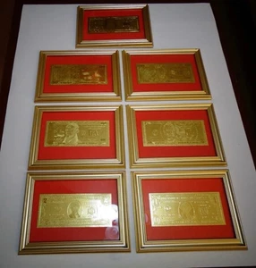 LOT OF 7- $1+$2+$5+$10+$20+$50+$100*24 KT 99.9% GOLD USA BILL SET, EACH  FRAMED* - Picture 1 of 20
