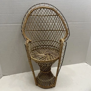 VTG Mini Peacock Wicker Chair 16" Fanback Rattan Doll Plant Stand Victorian Boho - Picture 1 of 7